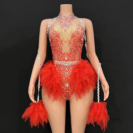 Rhinestone Feather Embellished Bodysuit & Showgirl Stage Dance Costume