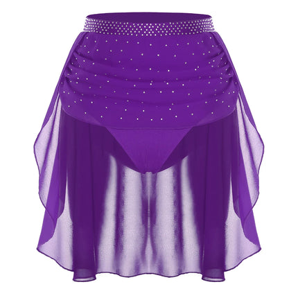 Womens Modern Lyrical Dance Skirt Performance Costume Sparkly Rhinestone Irregular Chiffon Hem Built-in Briefs Skirt Dancewear