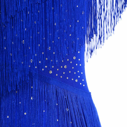 Sparkly Rhinestone & Tassel Fringe Latin Dance Leotard Crew Neck Bodysuit