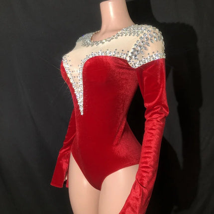 Sparkly Rhinestone Long-Sleeve Bodysuit Stage Performance Costume