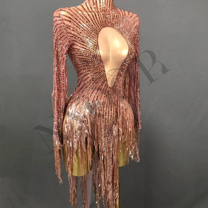 Gold Crystal Fringe Illusion Mini Dress Sparkly Rhinestone Stage Dance Costume