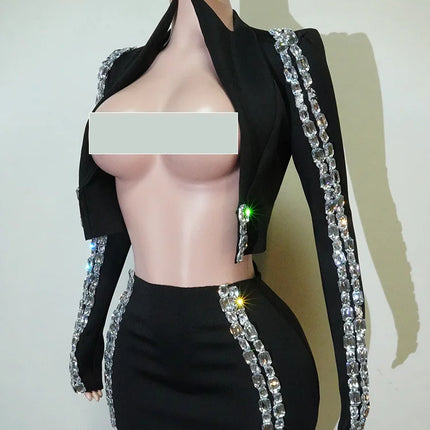 Crystal Rhinestone Halter Crop Top & Mini Skirt 2-Piece Stage Costume Set
