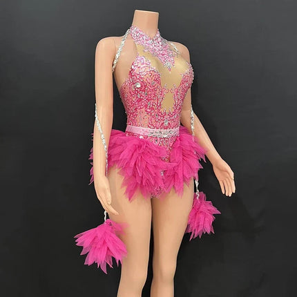 Rhinestone Feather Embellished Bodysuit & Showgirl Stage Dance Costume