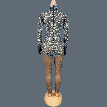 Silver Crystal Black Stocking Jumpsuit Drag Queen Nightclub Performer Catsuit
