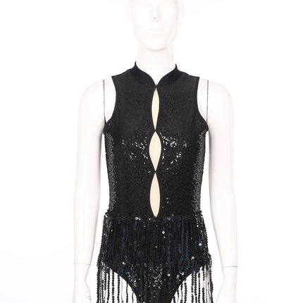 Glitter Sequin Fringe Latin Dance Leotard & Backless Performance Bodysuit