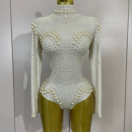 Luxury Full Pearl Long-Sleeved Stage Bodysuit Leotard Evening Performance Costume