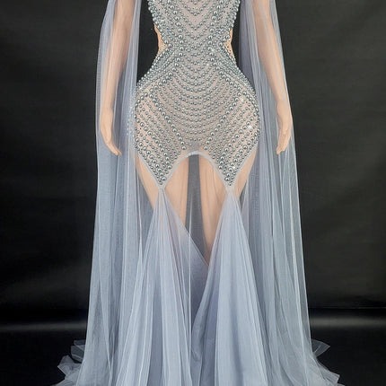Rhinestone & Pearl Off-Shoulder Sheer Illusion Long Dress Gala Evening Costume