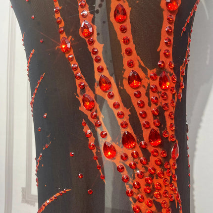 Crimson & Black Graphic Rhinestone Halter Maxi Gown Backless Illusion Evening Dress