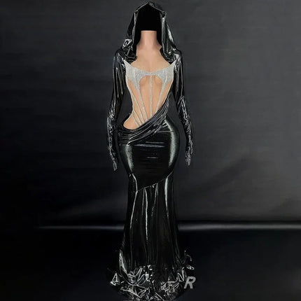 Liquid Metallic Hooded Maxi Gown Backless Cutout Floor-Length Stage Dress