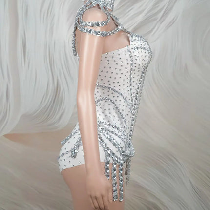 Sparkly Rhinestone Tassel Spandex Bodysuit Halter Dance Stage Costume Leotard
