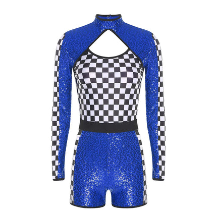 Sequin Checkerboard Car Racing Driver Costume Cutout Long Sleeve Romper Jumpsuit