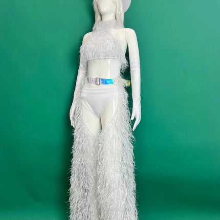 White Faux Fur Halter Top, Flare Chaps Pants, Long Gloves & Hat 4-Piece Stage Dance Costume Set