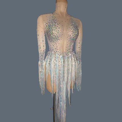 Iridescent Crystal Tassel Long Sleeve Sheer Mesh Stage Bodysuit Costume