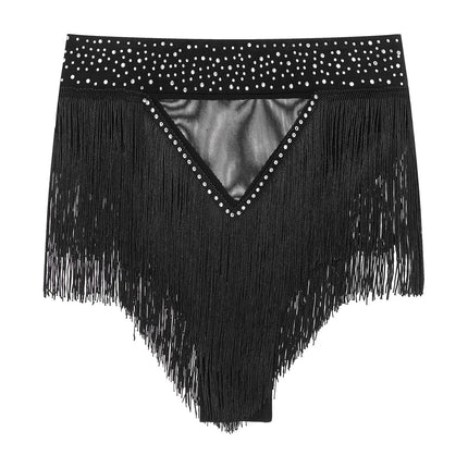 Rhinestone Tassel High-Waist Dance Shorts & Sheer Mesh Fringe Skirt