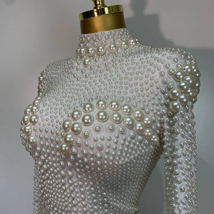 Luxury Pearl Long Sleeve Spandex Stretch Bodysuit Evening Stage Performance Costume