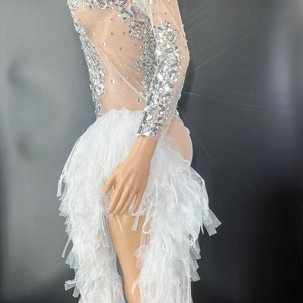 Sparkly Silver Sequin Long Sleeve Mesh Evening Dress High Split Stage Birthday Gown