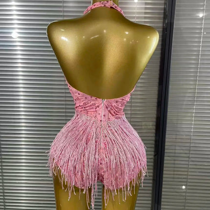 Vintage-Inspired Beaded Tassel Bodysuit Performance Costume