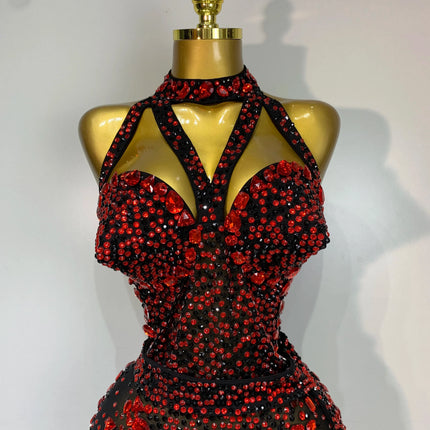 Crimson Diamond Rhinestone Catsuit Sheer Mesh Backless Jumpsuit Stage Costume
