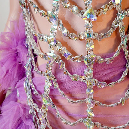 Purple Spiderweb Rhinestone Halter Bodysuit & Trailing Ruffle Tulle Skirt 2-Piece Stage Costume Set