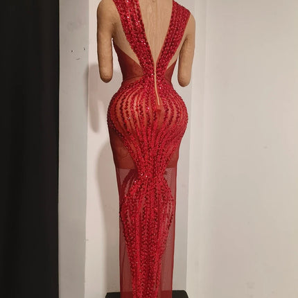 Sparkly Red Rhinestone & Sequin Sleeveless Sheer Mini/Long Dress Stage Costume