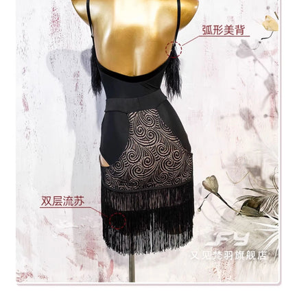 Black Fluffy Dance Leotard & Fringe Practice Skirt Latin Performance Costume Set