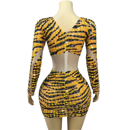 Tiger Print Rhinestone Mesh Long-Sleeve Mini Dress Deep V-Neck Stage Costume