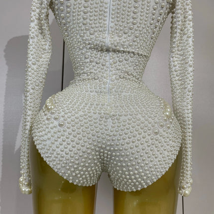 Luxury Full Pearl Long-Sleeved Stage Bodysuit Leotard Evening Performance Costume