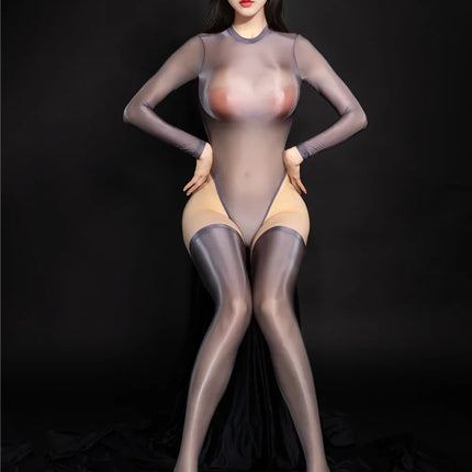 Oil Glossy High-Cut Open Crotch Shaping Bodysuit & Matching Stockings Set