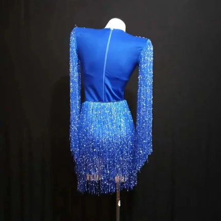 Sparkly Crystal Rhinestone & Tassel Fringe Bodysuit Costume Set with Bra & Belt