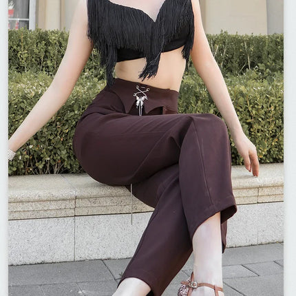 Black Latin Dance Fringe Camisole Top & High-Motion Practice Pants Set
