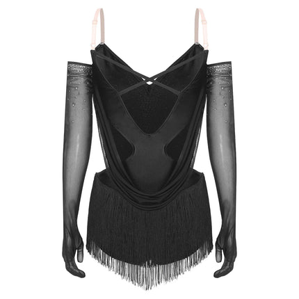 Sparkly Rhinestone & Tassel Fringe Dance Leotard with Gloves Two-Piece Stage Costume