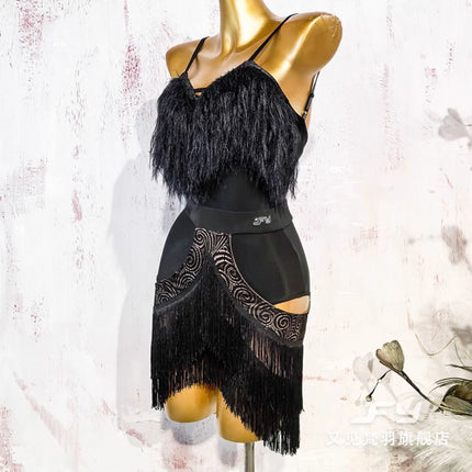 Black Fluffy Dance Leotard & Fringe Practice Skirt Latin Performance Costume Set