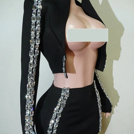 Crystal Rhinestone Halter Crop Top & Mini Skirt 2-Piece Stage Costume Set