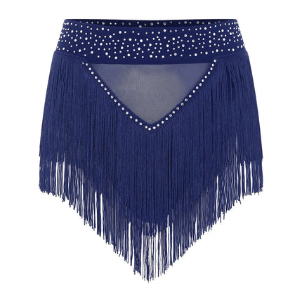Rhinestone Tassel High-Waist Dance Shorts & Sheer Mesh Fringe Skirt