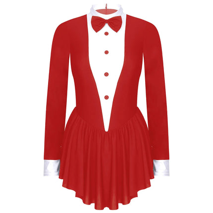 Tuxedo Bowknot Long Sleeve Ruffle Leotard Dress Magician Costume