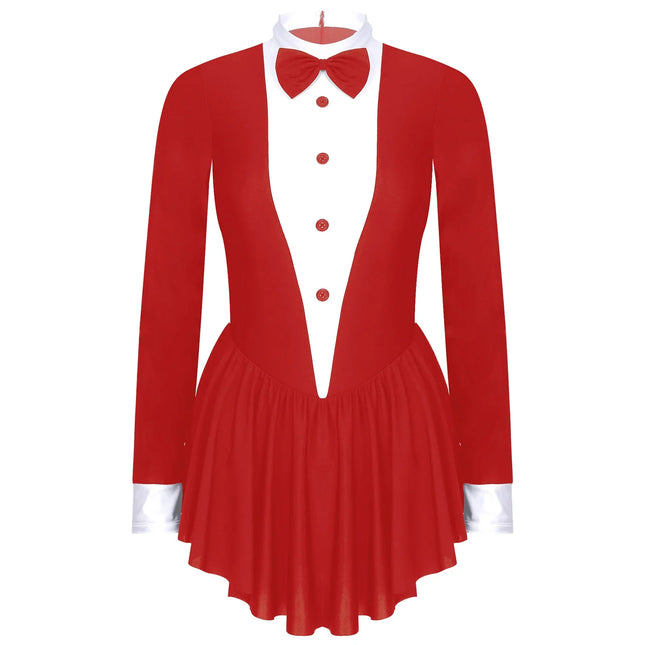 Tuxedo Bowknot Long Sleeve Ruffle Leotard Dress Magician Costume
