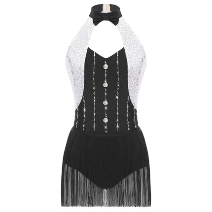 The Stardust Tuxedo Tassel Bodysuit – Luxury Sequins & Rhinestone Showgirl Leotard