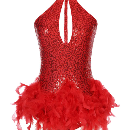 The Stardust Empress Royale – Sequined & Feathered Latin Dance Leotard Dress