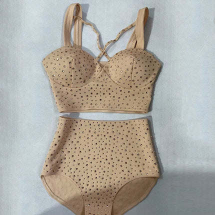 Skin Tone High-Waist Rhinestone Bikini Shorts & Pole Dance Performance Outfit