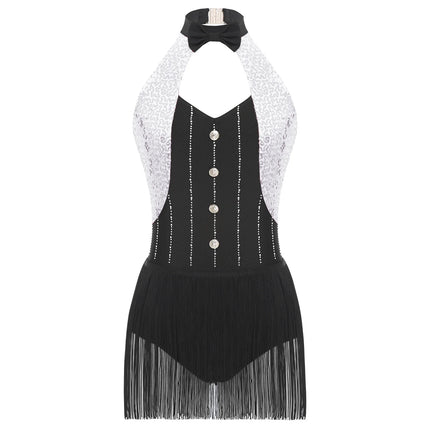 The Stardust Tuxedo Tassel Bodysuit – Luxury Sequins & Rhinestone Showgirl Leotard