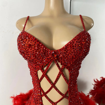 The Stardust Follies Feather Bodysuit – Luxury Rhinestone & Mesh Showgirl Costume