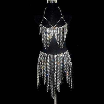 Dazzling Crystal Tassel Body Chain & Skirt Set