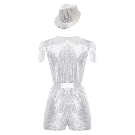 Sequin Tassel Romper, Adjustable Belt & Matching Hat Stage Dance Costume Set
