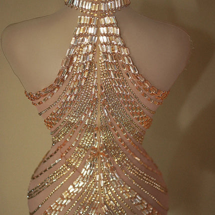 Sparkly Rhinestone High-Neck Sheath Mini Dress Stage Dance Costume