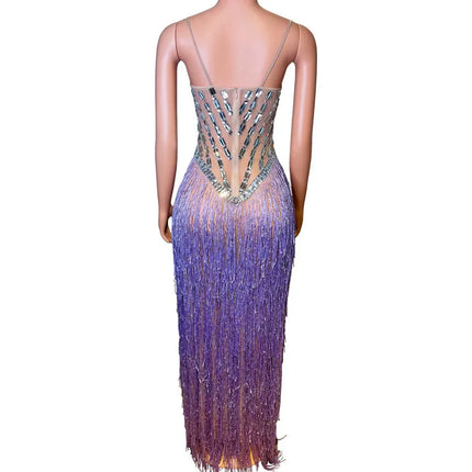 Strapless Rhinestone Fringe High-Slit Showgirl Gown – Glamour Stage Performance & Gala Evening Dress