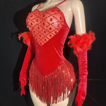 Sparkly Rhinestone & Sequin Tassel Bodysuit with Feathers & Gloves Costume Set