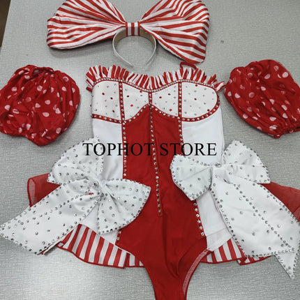 Red White Bow Rhinestones Bodysuit Women Candy Striped Headgear Costume Nightclub Dancer Team Performance Outfit