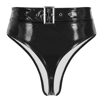 High-Waist Patent Leather Wet-Look Briefs with Adjustable Back Buckle Belt