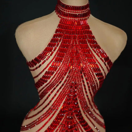 Sparkly Rhinestone High-Neck Sheath Mini Dress Stage Dance Costume