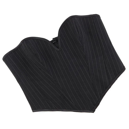 Black Striped Overbust Corset Top Zipper Front Lace-Up Bustier Body Shaper